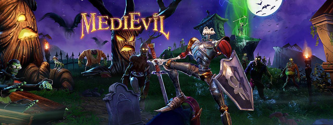 A knight with shield and sword rising up from his grave. The background is a graveyard with a host of people resurrected from the dead.